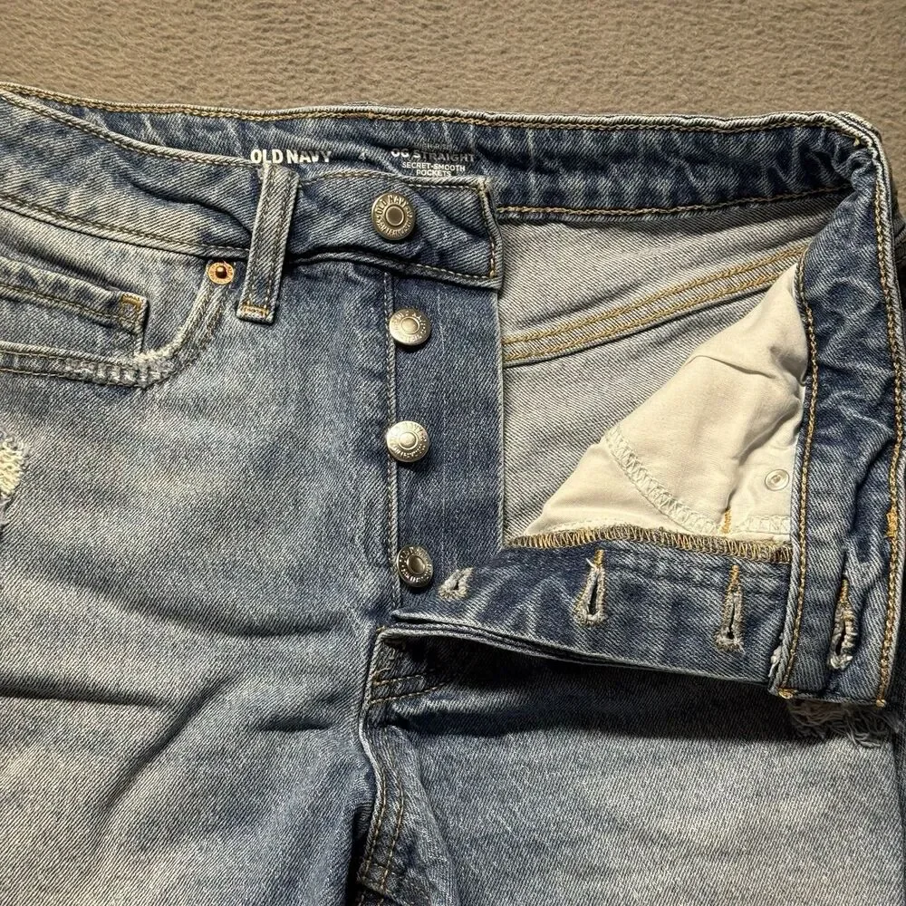 Old Navy Womens 4 Shorts Blue High Rise OG Straight Distressed Fringe Hem Denim